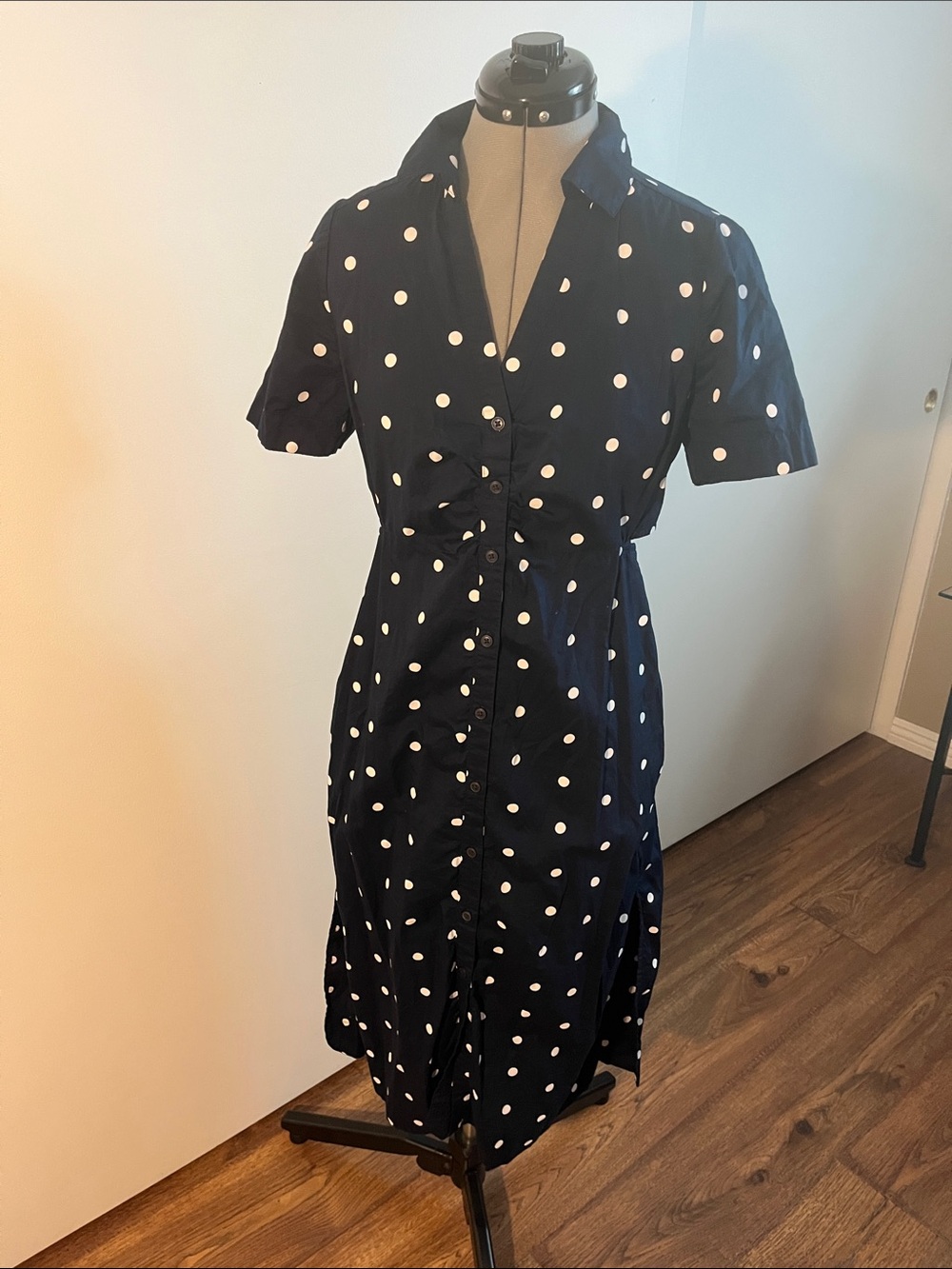 Old Navy Navy and White Polka Dot Midi Shirt Dress